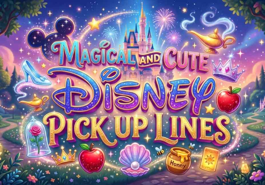 Magical And Cute Disney Pick Up Lines banner with castle, glass slipper, crown, and fireworks