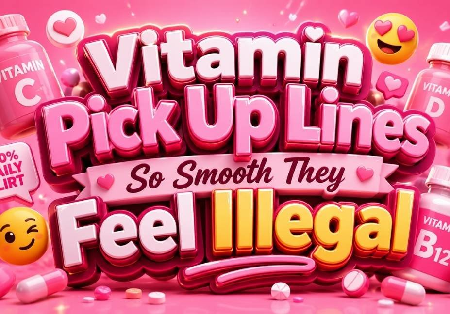 Pink-themed 3D illustration featuring the title 'Vitamin Pick Up Lines So Smooth They Feel Illegal' with glossy typography, vitamin bottles, capsules, heart icons, emojis, and playful romantic elements on a vibrant pink background.