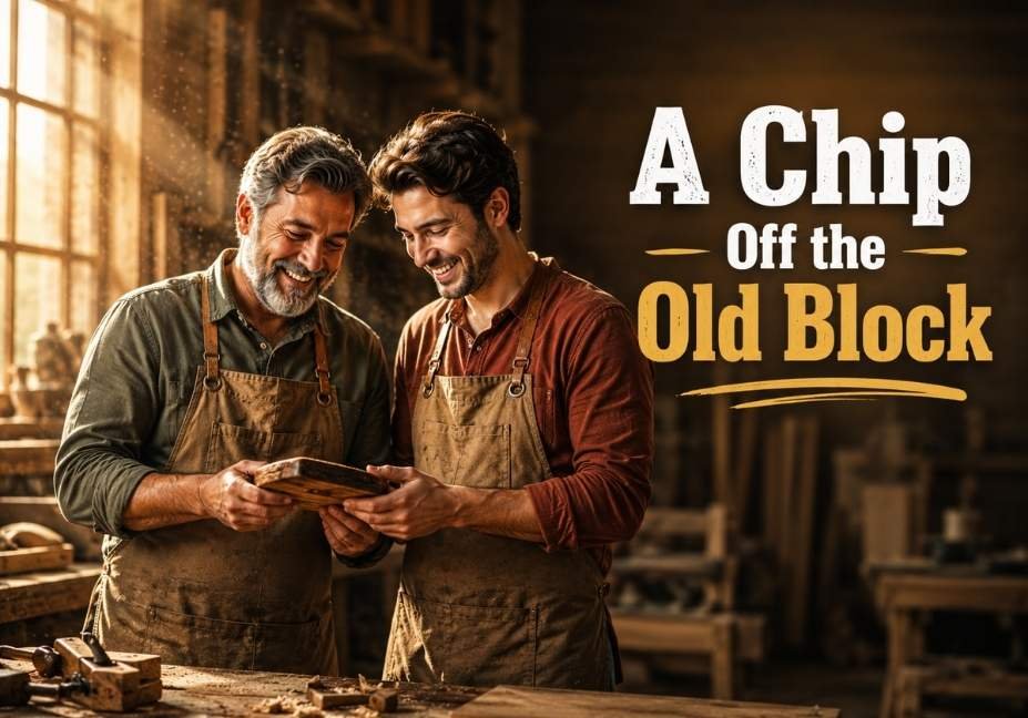 A warm, photorealistic featured image showing a father and his adult son smiling together in a sunlit woodworking workshop while examining a handcrafted wooden piece. Golden-hour light streams through a large window, with bold title text reading “A Chip Off the Old Block” on the right against a blurred background.