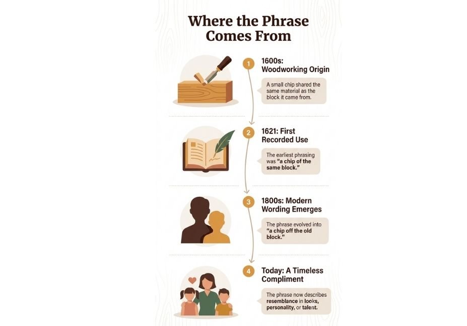 Infographic showing the origin of "a chip off the old block" idiom, from 1600s woodworking chisel imagery to 1621 first recorded use, 1800s modern wording, and today's meaning as a family resemblance compliment.