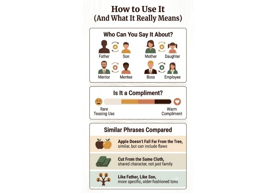 Infographic explaining how to use "a chip off the old block," covering who it applies to like fathers, mothers, mentors and bosses, its compliment meaning, and comparison with similar idioms like apple doesn't fall far from the tree.