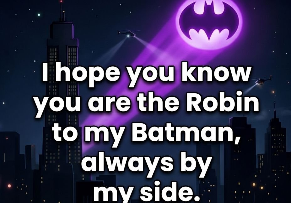 Batman Pick Up Lines quote image with Robin and Batman loyalty themed message on Gotham skyline background
