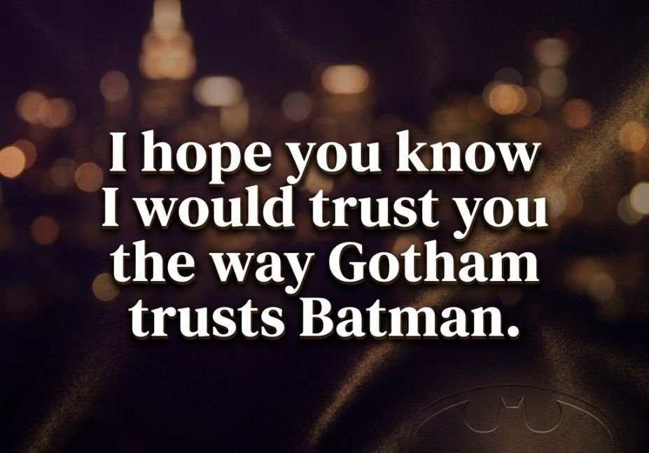 Batman Pick Up Lines poster with Gotham city lights and trust themed quote in premium dark design