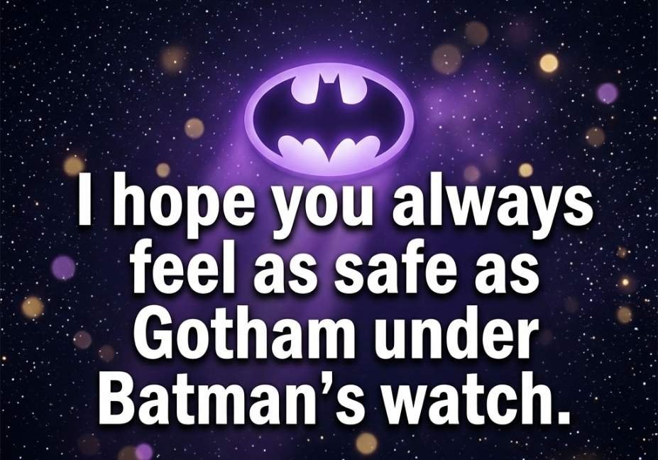 Batman Pick Up Lines image featuring glowing bat emblem with Gotham safety themed quote and starry sky