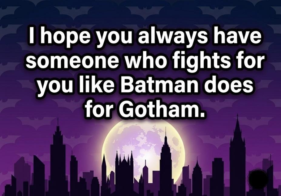 Batman Pick Up Lines quote card with Gotham skyline and full moon showing hero loyalty themed message