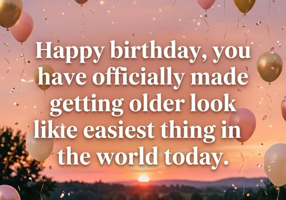 Birthday pick up lines quote on romantic sunset background with balloons and confetti