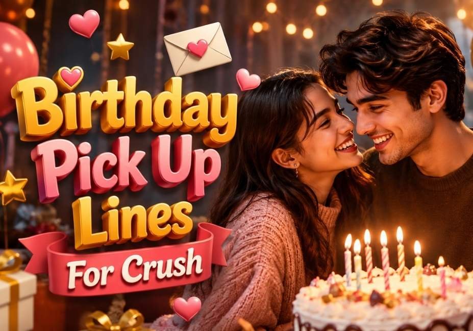 Young couple laughing together while celebrating a birthday with a cake and candles, featuring 3D text "Birthday Pick Up Lines for Crush" in a warm romantic party setting.