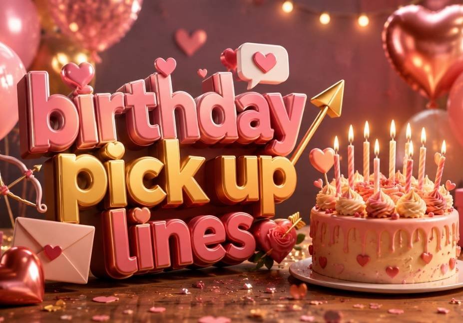 3D text reading "birthday pick up lines" in pink and gold, set against a festive background with a lighted birthday cake and pink balloons.