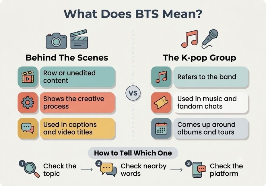 Infographic comparing BTS meaning as behind the scenes versus the K-pop bandInfographic comparing BTS meaning as behind the scenes versus the K-pop band
