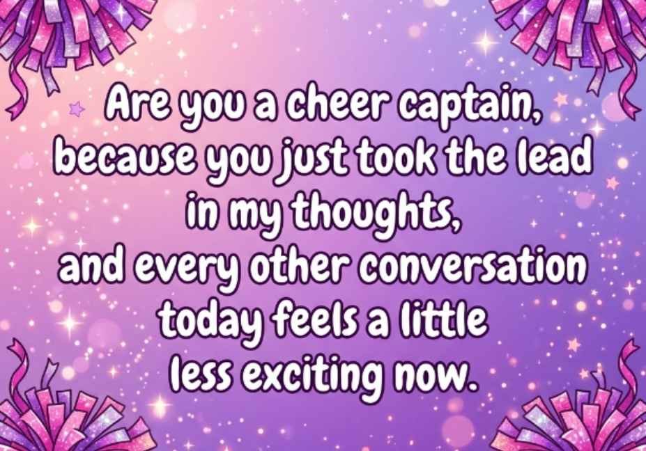 Cheerleading Pick Up Lines: Cheesy or Genius? – cheer captain quote on pink and purple pom-pom background