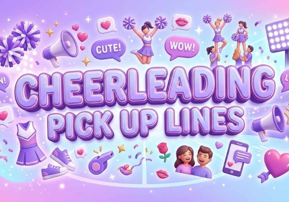 Cheerleading Pick Up Lines: Cheesy or Genius? — fun purple-themed banner with pom-poms, cheer skirt, and flirty chat icons