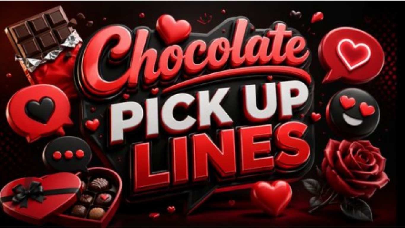 "Chocolate Pick Up Lines 3D text banner with red and black theme, chocolate bar, hearts, rose, speech bubble icons, and romantic Valentine's