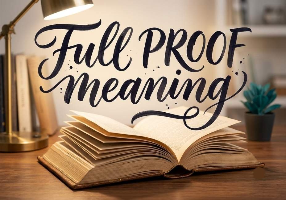 A cozy image of an open book on a wooden desk with a lamp, featuring overlay calligraphy text that reads, "Full PROOF meaning."