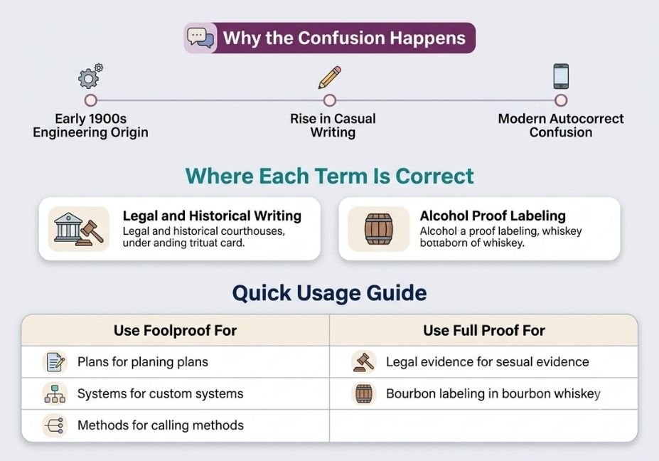 Horizontal educational infographic on 'Why the Confusion Happens' between Foolproof and Full Proof. Features a top timeline of word origin and autocorrect confusion, a middle section showing legal and whiskey proof contexts, and a bottom comparison table listing correct usages for plans, systems, methods vs legal evidence.