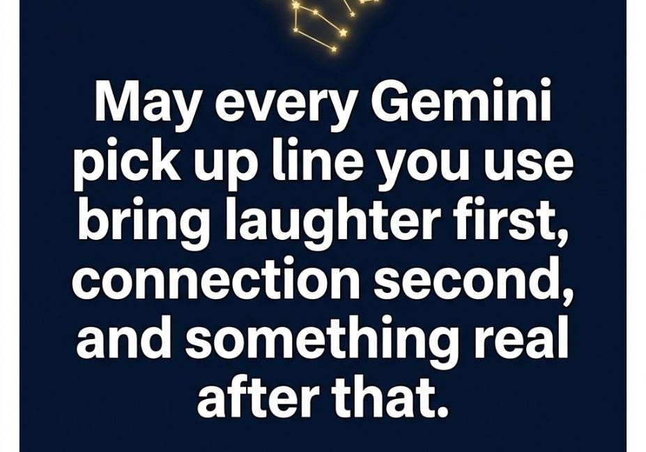 Gemini pick up lines blessing text on navy night sky background with golden twin constellation