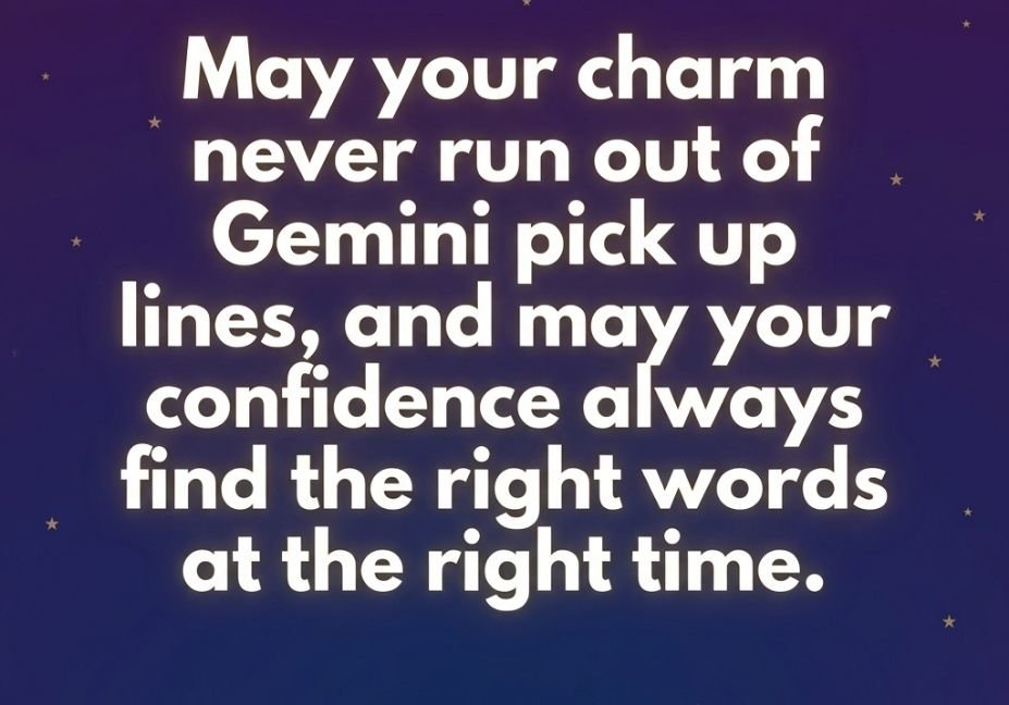 Gemini pick up lines blessing card on midnight purple blue gradient background with golden stars.