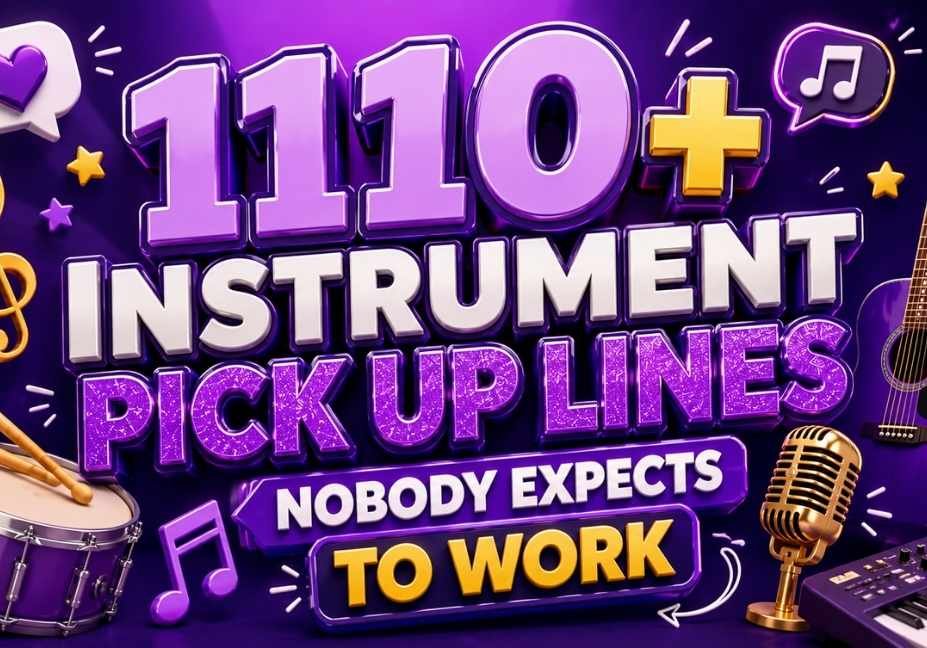 3D violet illustration featuring guitars, piano, drums, saxophone, microphone, and musical notes with the title '110+ Instrument Pick Up Lines Nobody Expects to Work.'"