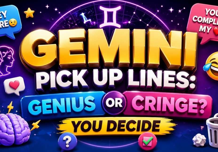 Gemini Pick Up Lines featured image with bold 3D text, Gemini twins zodiac symbol, speech bubbles, hearts, emojis, and a cosmic purple background asking "Genius or Cringe? You Decide.