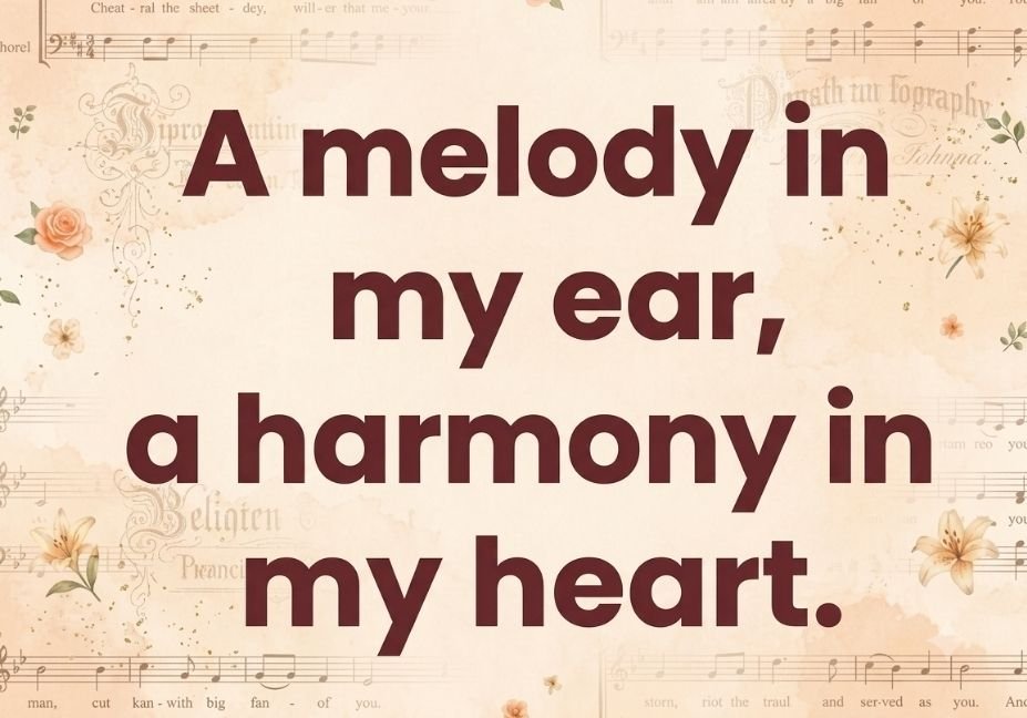 A vintage beige background patterned with faded sheet music, light floral accents, and subtle calligraphy, featuring dark red text that reads: "A melody in my ear, a harmony in my heart."