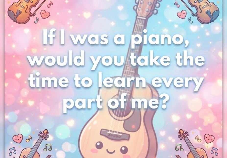 A pastel illustration with cute cartoon instruments and white text reading: "If I was a piano, would you take the time to learn every part of me?"