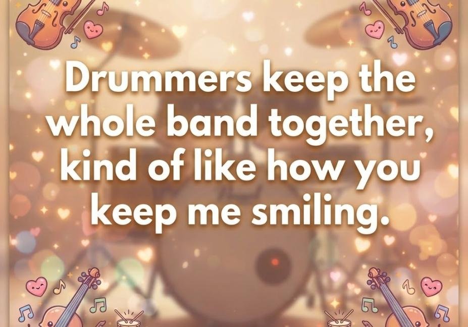 A warm, sparkling background featuring a drum set in soft focus and cute cartoon violins with smiling faces in the corners, overlaid with bold white text that reads: **"Drummers keep the whole band together, kind of like how you keep me smiling."**