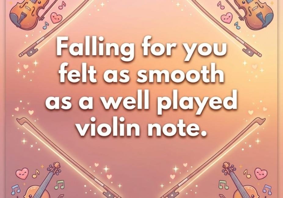 A soft pink and orange background framed by violin bows and cute cartoon violins, centered with white text that reads: **"Falling for you felt as smooth as a well played violin note."**