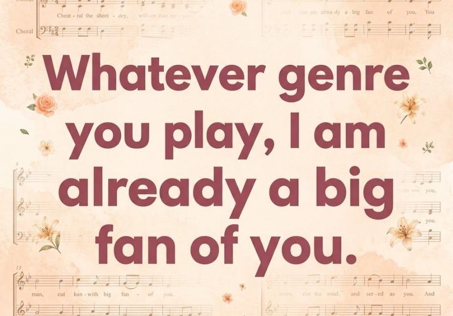 A vintage beige background patterned with faded sheet music and small floral accents, featuring dark red text that reads: **"Whatever genre you play, I am already a big fan of you."**
