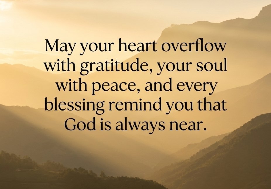 A wide misty valley nestled between rolling mountain ridges, completely bathed in a warm, hazy golden light from a low sun. Superimposed in crisp, dark text across the landscape is: "May your heart overflow with gratitude, your soul with peace, and every blessing remind you that God is always near."