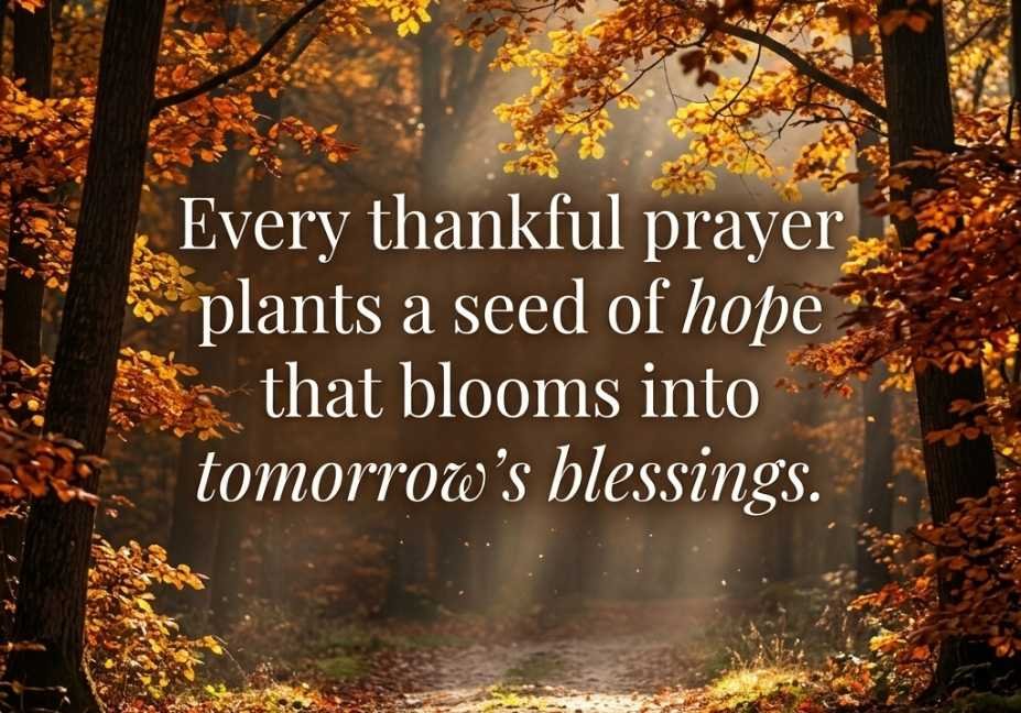 A sun-dappled forest path surrounded by trees with vibrant autumn foliage in shades of orange, yellow, and gold. Soft light filters through the trees onto the path, with floating particles or leaves in the air. Overlaid in white serif text is the message: "Every thankful prayer plants a seed of hope that blooms into tomorrow’s blessings.