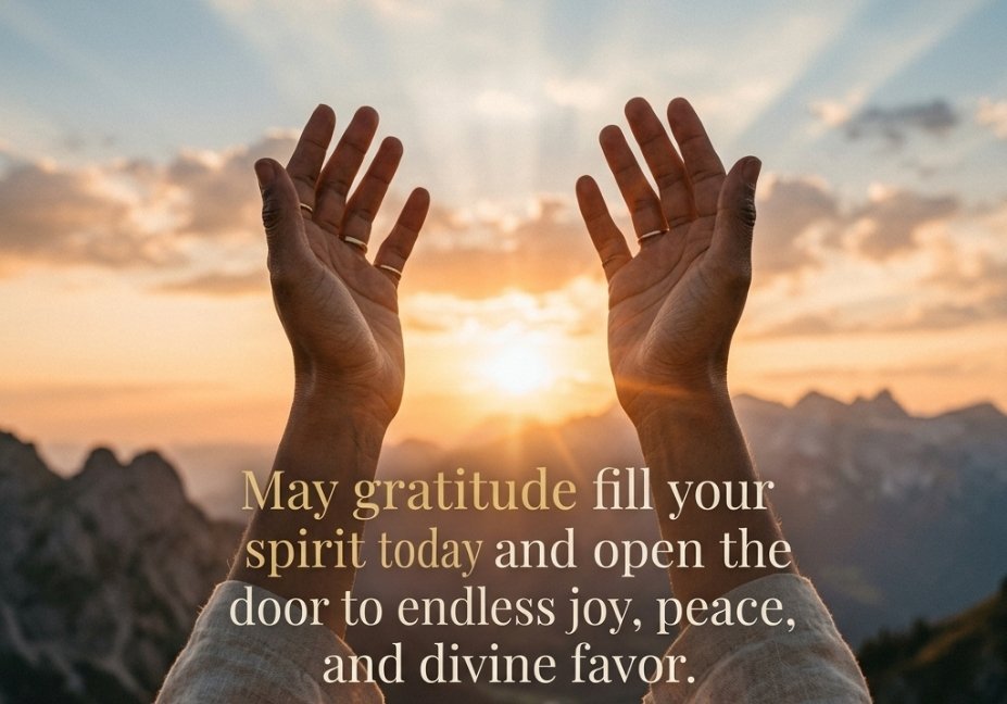 A first-person perspective looking up at two hands raised toward a bright, sunlit sky over a jagged mountain range. The sun peaks between the hands, casting a strong glare and warm glow over the clouds. Superimposed in elegant gold text across the bottom half is: "May gratitude fill your spirit today and open the door to endless joy, peace, and divine favor."