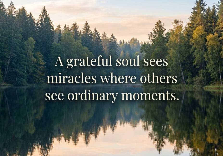 A calm, glassy lake perfectly reflecting a dense forest of evergreen and deciduous trees under a soft, overcast morning sky. Centered over the water is white serif text reading: "A grateful soul sees miracles where others see ordinary moments."