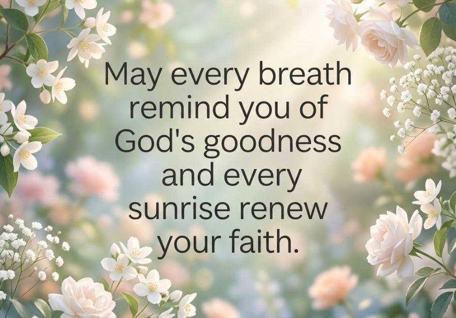A soft-focused floral background featuring delicate white and pale pink blossoms with green leaves, framing a bright, hazy light center. Superimposed in dark gray text is the quote: "May every breath remind you of God's goodness and every sunrise renew your faith."