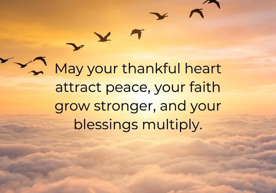 A scenic view above a sea of soft clouds during a warm, golden sunset. A flock of birds is captured mid-flight, soaring across the orange-tinted sky. In the center, clear black text states: "May your thankful heart attract peace, your faith grow stronger, and your blessings multiply."