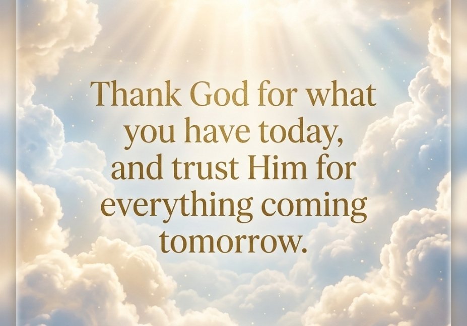 A bright, ethereal sky filled with soft, white clouds illuminated by brilliant, radiant sunbeams streaming from above. Superimposed in the center is a muted gold text that reads: "Thank God for what you have today, and trust Him for everything coming tomorrow."