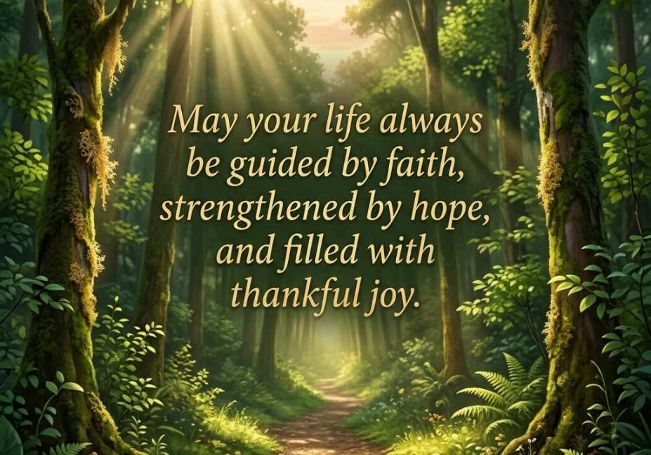 A lush, green forest path flanked by large, moss-covered tree trunks and ferns under an early morning sun. Sunbeams cut through the misty canopy, illuminating the trail ahead. Superimposed over the center of the path is elegant gold text that reads: "May your life always be guided by faith, strengthened by hope, and filled with thankful joy."