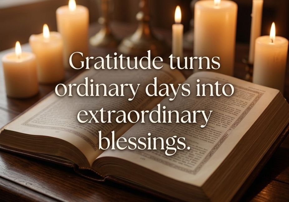 An open book on a wooden table surrounded by lit candles, with the text "Gratitude turns ordinary days into extraordinary blessings.