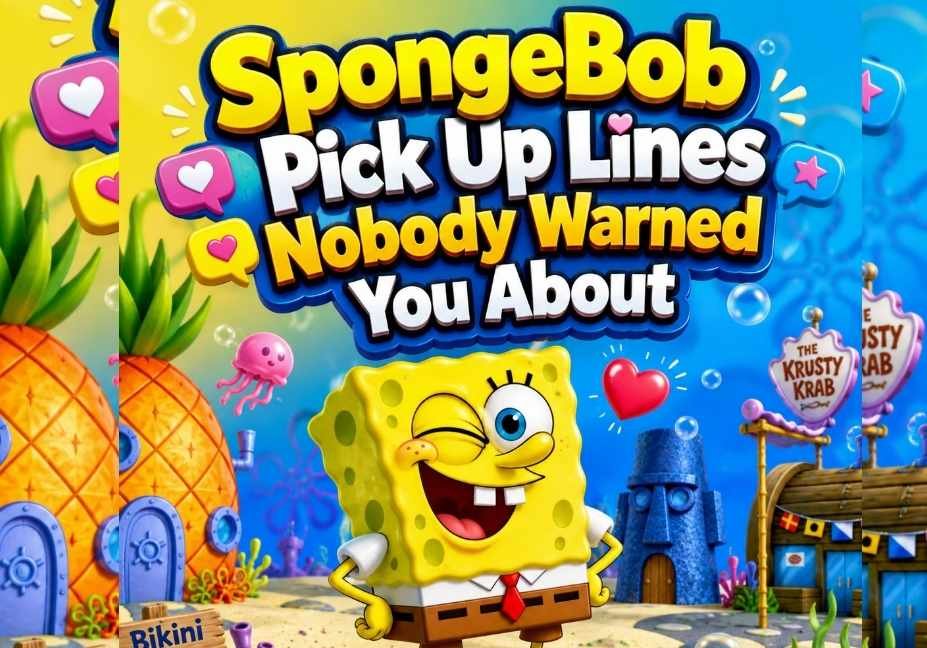 A colorful cartoon-style featured image showing SpongeBob SquarePants winking in Bikini Bottom with a floating red heart beside him. Large 3D title text at the top reads, "SpongeBob Pick Up Lines Nobody Warned You About." The underwater scene includes SpongeBob's pineapple house, Squidward's home, the Krusty Krab sign, bubbles, coral, and bright yellow and blue tones. A "Celebauraa.com" watermark appears at the bottom center