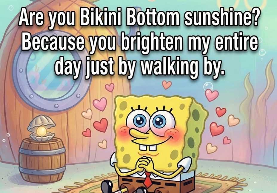 SpongeBob pick up lines picture showing Bikini Bottom sunshine flirty blessing