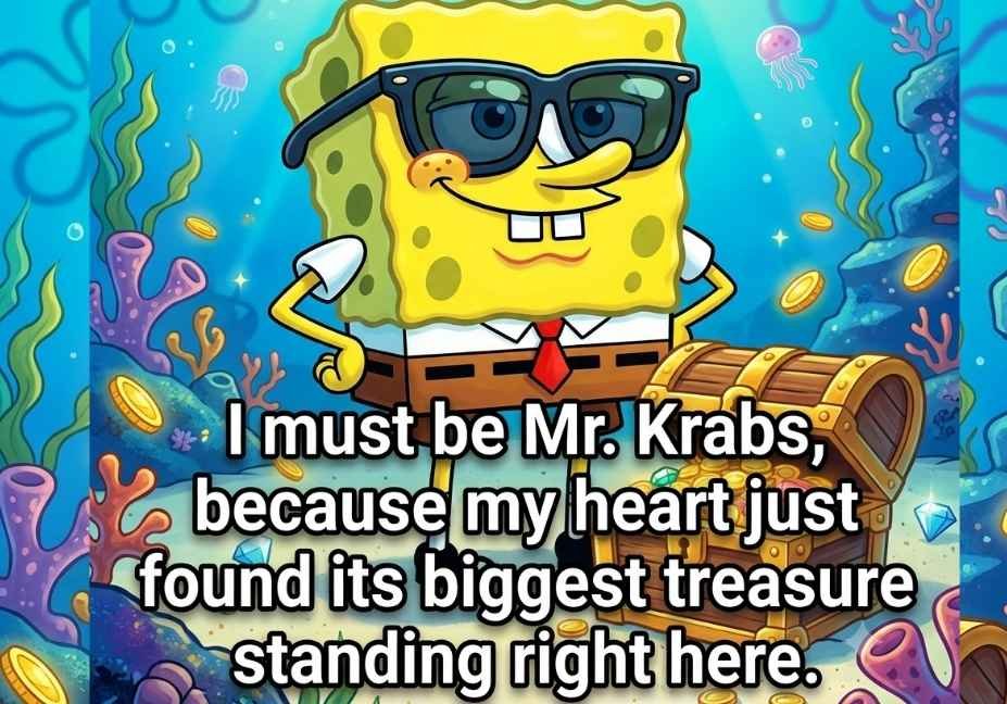 SpongeBob pick up lines image featuring Mr. Krabs treasure themed rizz quote