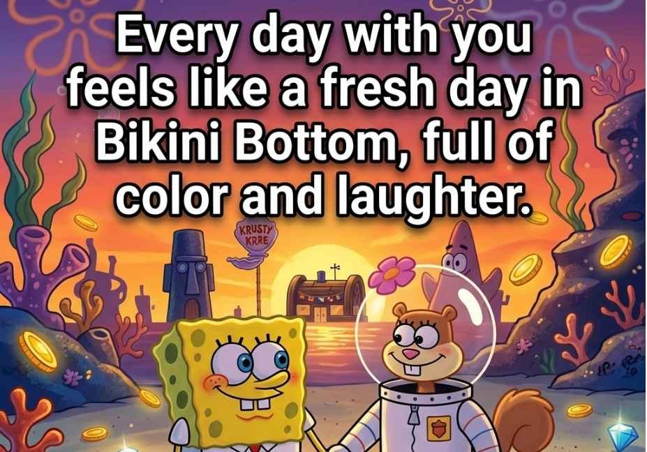 SpongeBob pick up lines picture with Sandy sunset romantic love quote