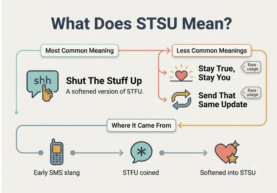 Flat-design infographic titled "What Does STSU Mean?" explaining its most common meaning ("Shut The Stuff Up"), secondary meanings ("Stay True, Stay You"), and its origin from early SMS slang.
