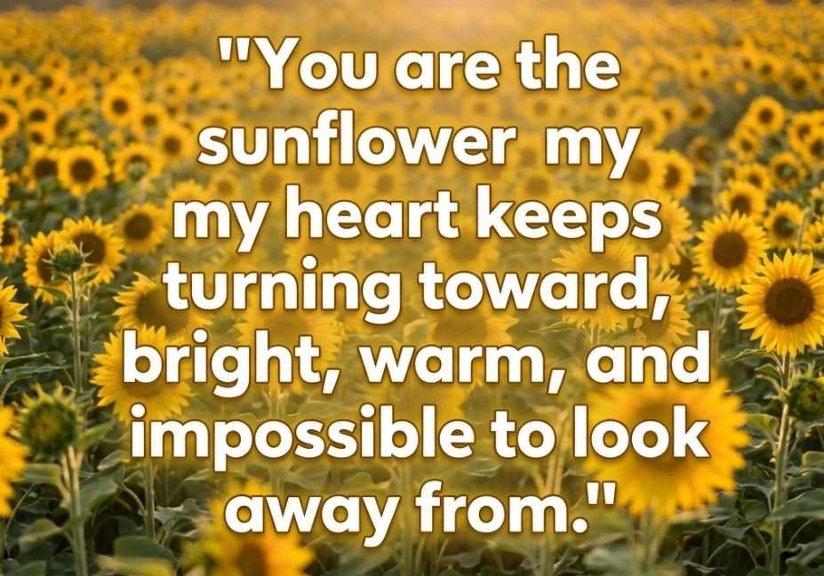 Sunflower pick up lines quote image with sunflower field background and bold romantic text