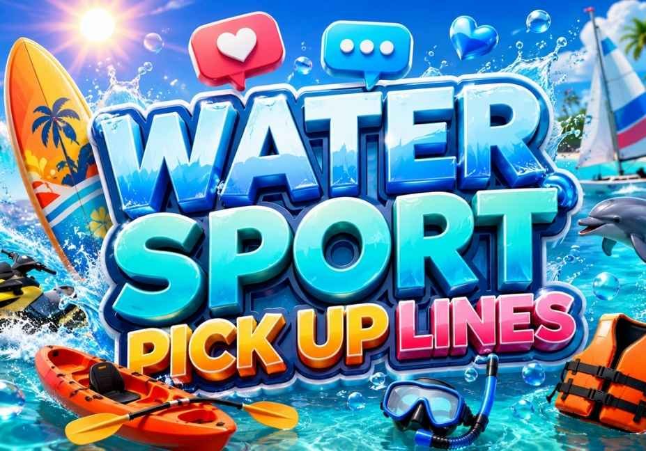 Colorful 3D Water Sport Pick Up Lines blog banner featuring glossy text, ocean waves, surfboard, jet ski, kayak, sailboat, dolphin, snorkeling gear, life jacket, water splashes, bubbles, and a tropical beach background."
