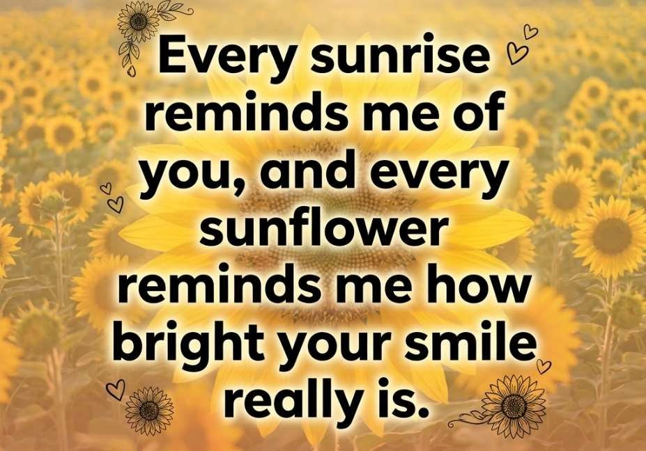 Cute sunflower pick up lines caption on close-up glowing sunflower with golden lighting
