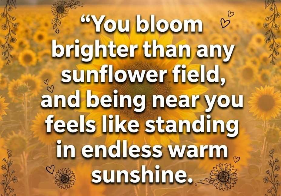 Sunflower pick up lines graphic featuring golden hour sunflower field and bold white text