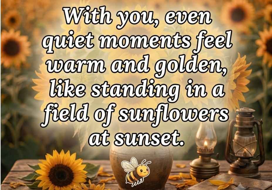 Sunflower pick up lines caption on dreamy sunset sunflower garden with elegant script text