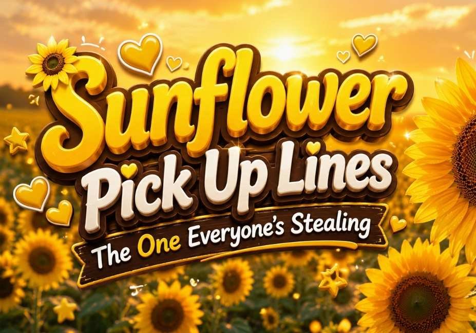 Sunflower Pick Up Lines The One Everyone's Stealing, featuring a vibrant sunflower field at golden hour with large 3D yellow and white title text, hearts, stars, and romantic sunflower elements.