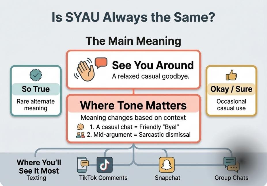 Infographic showing syau meaning as see you around versus rare alternate meanings