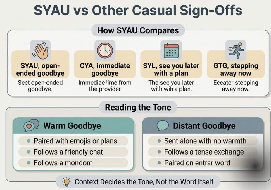 Infographic comparing syau to other casual texting sign-offs like cya and gtg