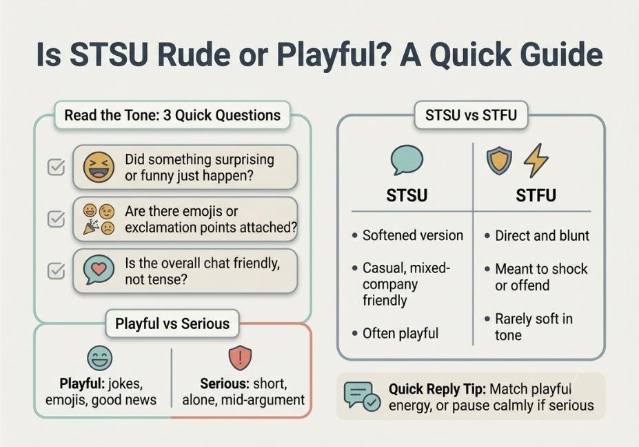 Flat-design infographic titled "Is STSU Rude or Playful? A Quick Guide" featuring a tone checklist, a comparison between STSU and STFU, and a reply tip.